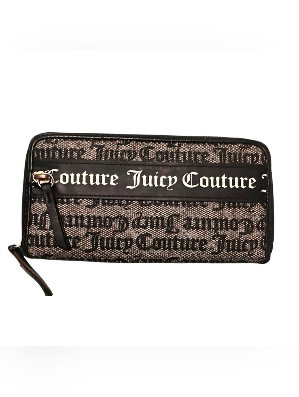 Juicy Couture Black and Beige Logo Jacquard Wristlet